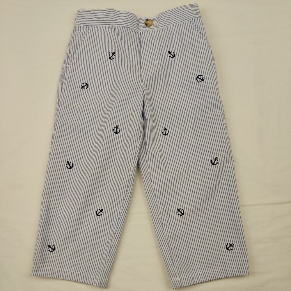 Class Club Girls Pants Size 3/3T White And Blue Stripes Embroidered With Anchors